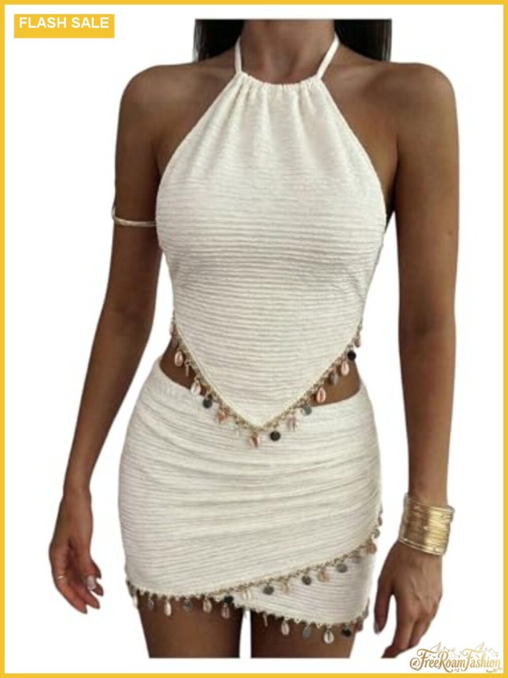 Women's 2 Piece Outfit Textured Backless Halter Crop Top Wrap Mini Skirt Set